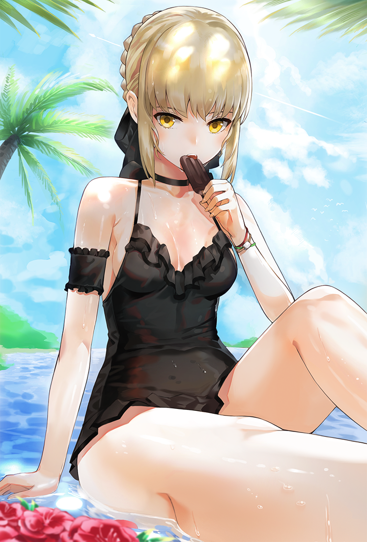 1girl arm_garter artoria_pendragon_(all) artoria_pendragon_(swimsuit_rider_alter) bangs bare_shoulders beach black_dress black_ribbon blonde_hair blue_sky bracelet braid breasts choker cleavage collarbone dress eating fate/grand_order fate_(series) food french_braid hair_bun hair_ribbon jewelry kfr looking_at_viewer medium_breasts open_mouth popsicle ribbon saber_alter short_dress sitting sky solo sunlight thighs water yellow_eyes
