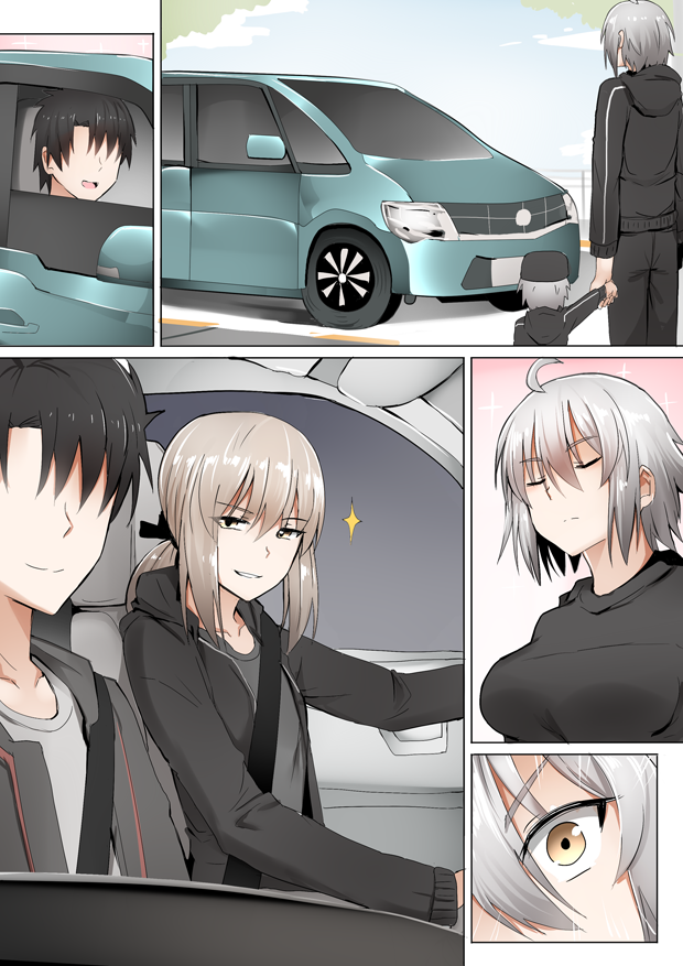 2boys 2girls ahoge artoria_pendragon_(all) faceless faceless_male fate/grand_order fate_(series) fujimaru_ritsuka_(male) ginhaha ground_vehicle hair_ribbon hand_holding hat jeanne_d'arc_(alter)_(fate) jeanne_d'arc_(fate)_(all) mother_and_son motor_vehicle multiple_boys multiple_girls open_mouth pale_skin ponytail ribbon saber_alter seatbelt short_hair silver_hair smile sparkle track_suit van yellow_eyes