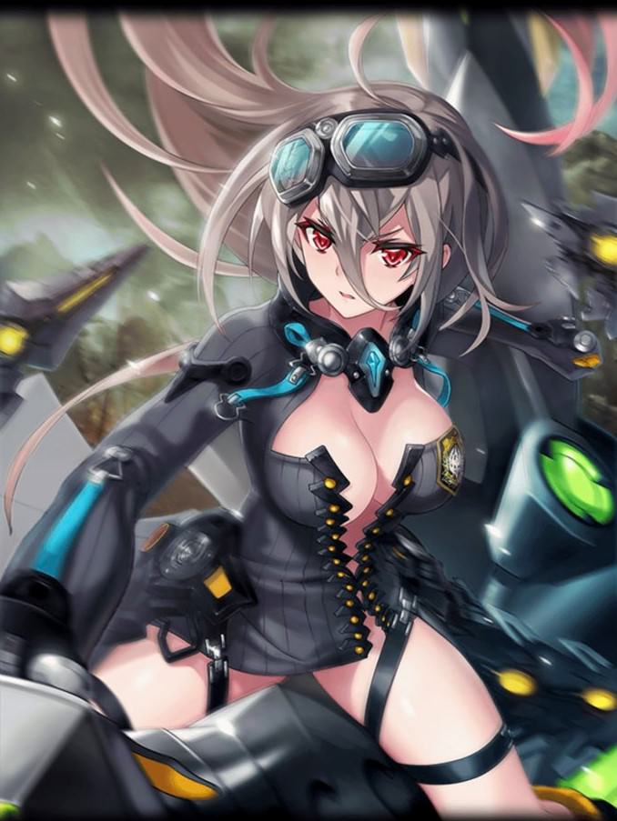1girl ahoge artist_request breasts cleavage goggles goggles_on_head hair_between_eyes impossible_clothes laevateinn_(phantom_of_the_kill) large_breasts long_hair official_art phantom_of_the_kill red_eyes silver_hair thighs wind