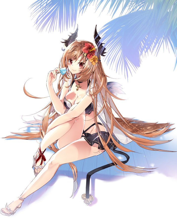 1girl 218 bare_shoulders barefoot_sandals belt bikini breasts brown_eyes brown_hair choker cleavage cross dark_angel_olivia flower food granblue_fantasy groin hair_flower hair_ornament horns long_hair looking_at_viewer mini_wings palm_tree popsicle sandals sitting skirt smile solo swimsuit tree