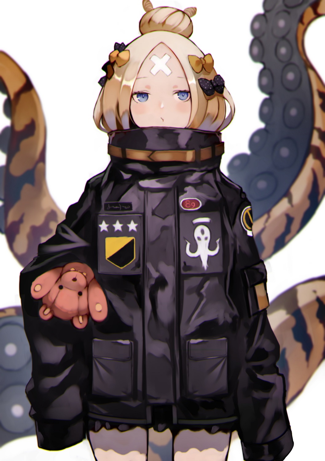 1girl 55level abigail_williams_(fate/grand_order) animal_print bangs black_bow black_jacket blonde_hair blue_eyes blurry blurry_background blush bow closed_mouth cowboy_shot depth_of_field fate/grand_order fate_(series) hair_bow highres jacket long_hair long_sleeves looking_at_viewer object_hug orange_bow parted_bangs polka_dot polka_dot_bow simple_background sleeves_past_fingers sleeves_past_wrists solo stuffed_animal stuffed_toy suction_cups teddy_bear tentacle tiger_print white_background