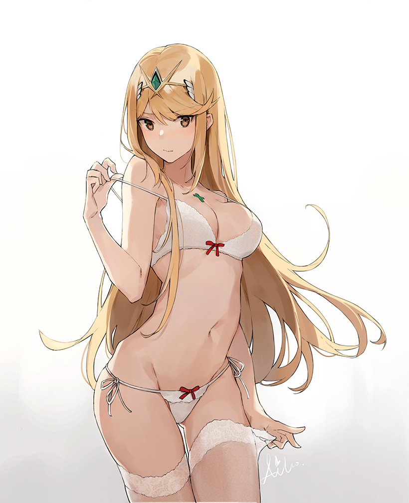 1girl aiko_(kanl) artist_name ass_visible_through_thighs backlighting bangs blonde_hair bra breasts brown_eyes cleavage cowboy_shot eyebrows_visible_through_hair gradient gradient_background hairband mythra_(xenoblade) large_breasts long_hair looking_at_viewer navel panties sheer_legwear side-tie_panties sidelocks simple_background solo standing strap_slip swept_bangs thigh-highs tiara underwear underwear_only white_bra white_legwear white_panties xenoblade_(series) xenoblade_2