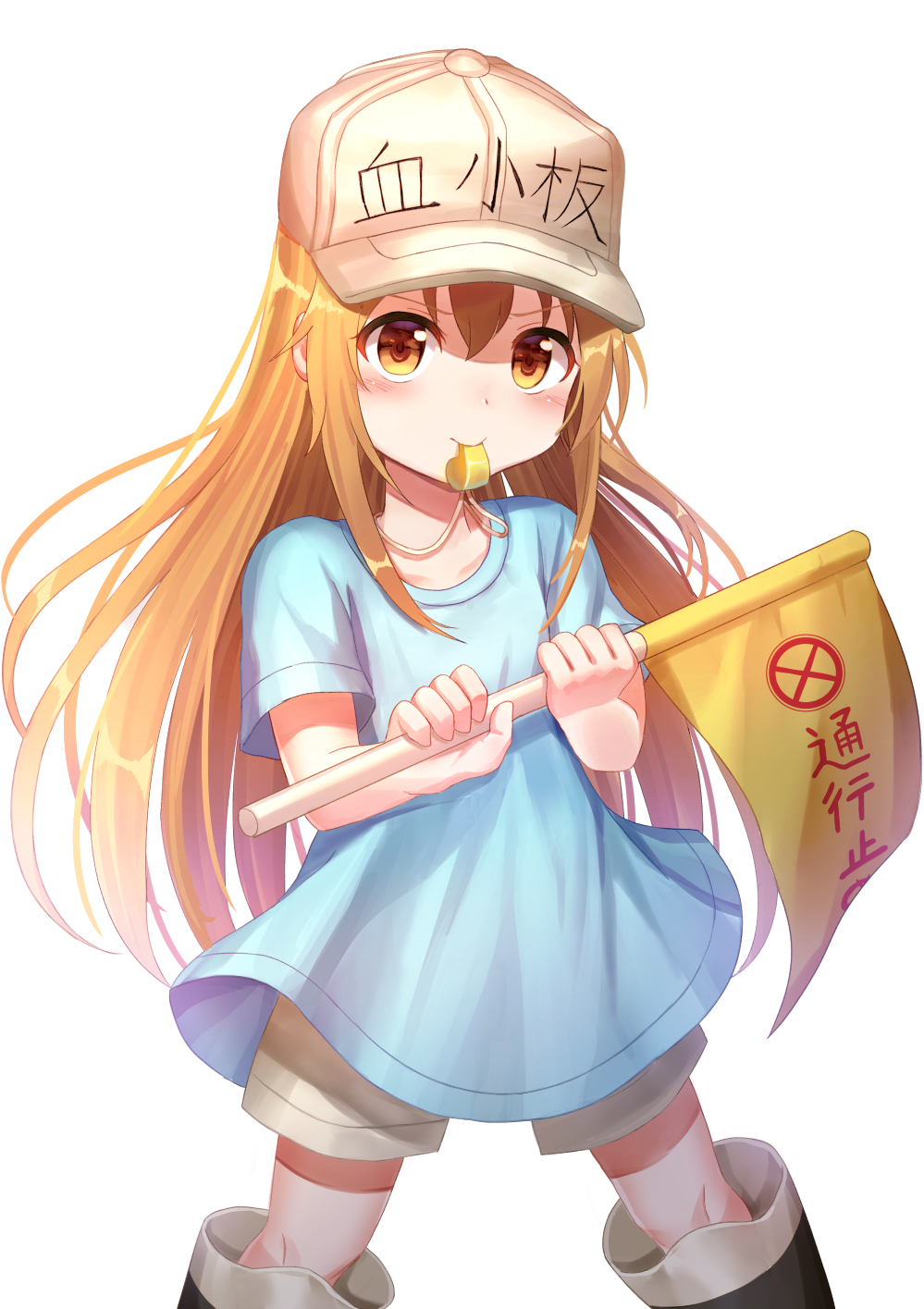 1girl bangs black_footwear blue_shirt blush boots brown_eyes brown_hair character_name commentary eyebrows_visible_through_hair flag flat_cap grey_hat grey_shorts hair_between_eyes hands_up hat hataraku_saibou highres holding holding_flag knee_boots mouth_hold platelet_(hataraku_saibou) seungju_lee shirt short_shorts short_sleeves shorts simple_background solo standing whistle white_background