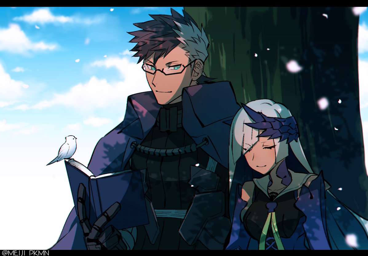 1boy 1girl bird black_border black_hair blue_eyes blue_sky book border brynhildr_(fate) cape couple fate/grand_order fate_(series) glasses grey_hair meiji_ken multicolored_hair sigurd_(fate/grand_order) silver_hair sky sleeping tree two-tone_hair