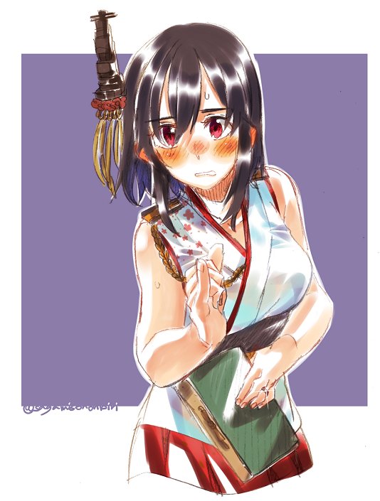 1girl aiguillette bare_arms black_hair blush book breasts cropped_torso epaulettes floral_print hair_between_eyes hair_ornament hakama hakama_skirt holding holding_book japanese_clothes kantai_collection looking_at_viewer medium_hair nontraditional_miko obi pinky_out pleated_skirt red_eyes red_hakama sagamiso sash simple_background skirt sleeveless solo sweat twitter_username yamashiro_(kantai_collection)