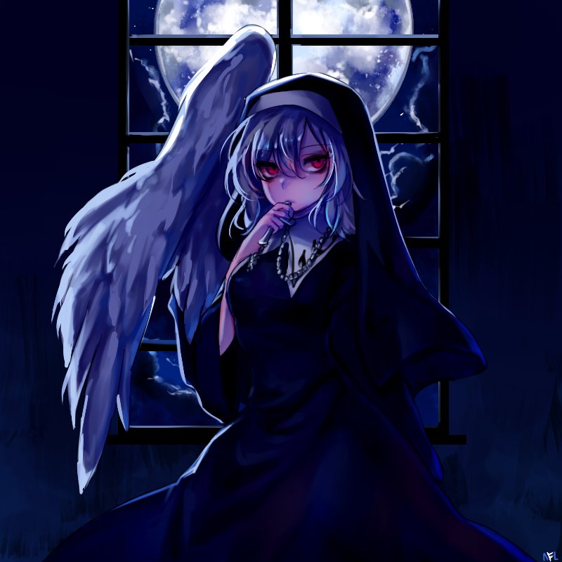 1girl alternate_costume bird black_dress breasts clouds cloudy_sky cowboy_shot dress eyebrows_visible_through_hair feathered_wings full_moon habit hair_between_eyes hand_up holding indoors jewelry kishin_sagume large_breasts long_sleeves looking_at_viewer moon necklace night night_sky nun red_eyes shan short_hair silver_hair single_wing sky solo touhou white_wings wide_sleeves window wings