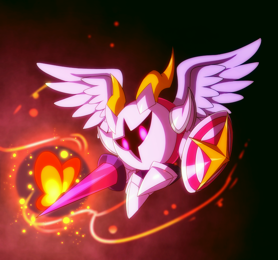 2boys angel_wings black_background bug butterfly butterfly_wings galacta_knight gurifon holding holding_sword holding_weapon horns insect kirby:_star_allies kirby_(series) lance mask morpho_knight multiple_boys pink_eyes polearm shoulder_pads simple_background spoilers sword weapon wings