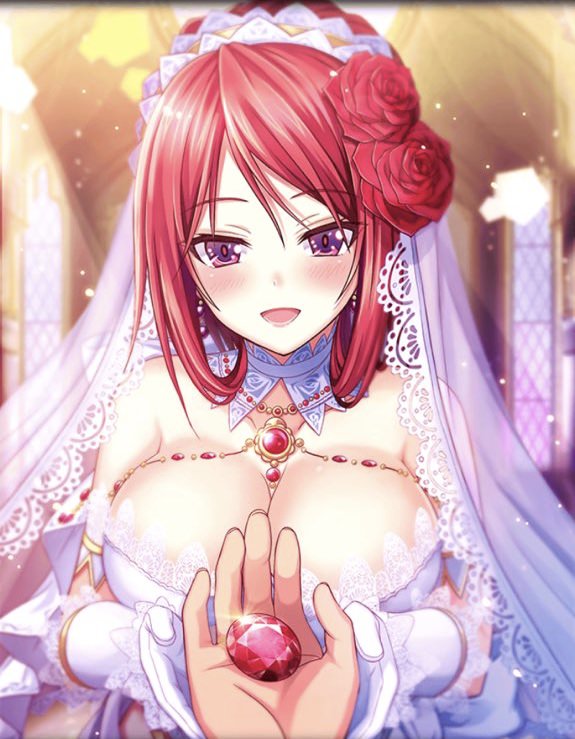 1girl artist_request blush bow breasts bridal_veil church cleavage detached_collar dress earrings eyebrows_visible_through_hair flower gem gloves hair_bow hair_flower hair_ornament holding_hand jewelry lapis_(phantom_of_the_kill) large_breasts long_hair necklace official_art open_mouth phantom_of_the_kill red_flower red_rose redhead rose shekinah_(phantom_of_the_kill) smile upper_body veil violet_eyes wedding_dress white_dress white_gloves