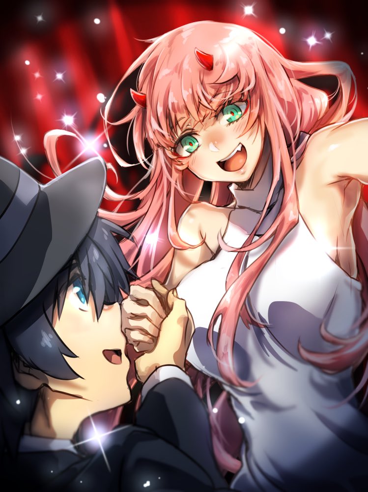 1boy 1girl bangs barefoot black_hair black_hat black_suit blue_eyes blush breasts collarbone commentary_request cosplay couple darling_in_the_franxx dress eyebrows_visible_through_hair fang formal green_eyes hand_holding hat herozu_(xxhrd) hetero hiro_(darling_in_the_franxx) horns kekkai_sensen long_hair long_sleeves looking_at_another looking_at_viewer medium_breasts oni_horns pink_hair red_horns short_hair sleeveless sleeveless_dress suit white_dress zero_two_(darling_in_the_franxx)