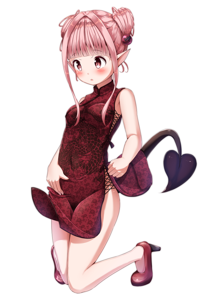 1girl :o bangs bare_arms blunt_bangs blush breasts china_dress chinese_clothes commentary_request demon_girl demon_tail double_bun dress eyebrows_visible_through_hair full_body hair_ornament high_heels kneeling looking_away medium_breasts mochiyuki original parted_lips pelvic_curtain pink_hair pointy_ears print_dress red_dress red_eyes red_footwear shoes side_bun sidelocks simple_background sleeveless sleeveless_dress solo succubus tail white_background