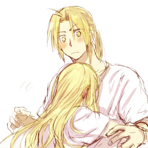 1boy 1girl blonde_hair blush couple edward_elric expressionless eyebrows_visible_through_hair facing_away fingernails fullmetal_alchemist height_difference hetero hug long_hair looking_at_another looking_down ponytail shirt simple_background tsukuda0310 white_background white_shirt winry_rockbell yellow_eyes