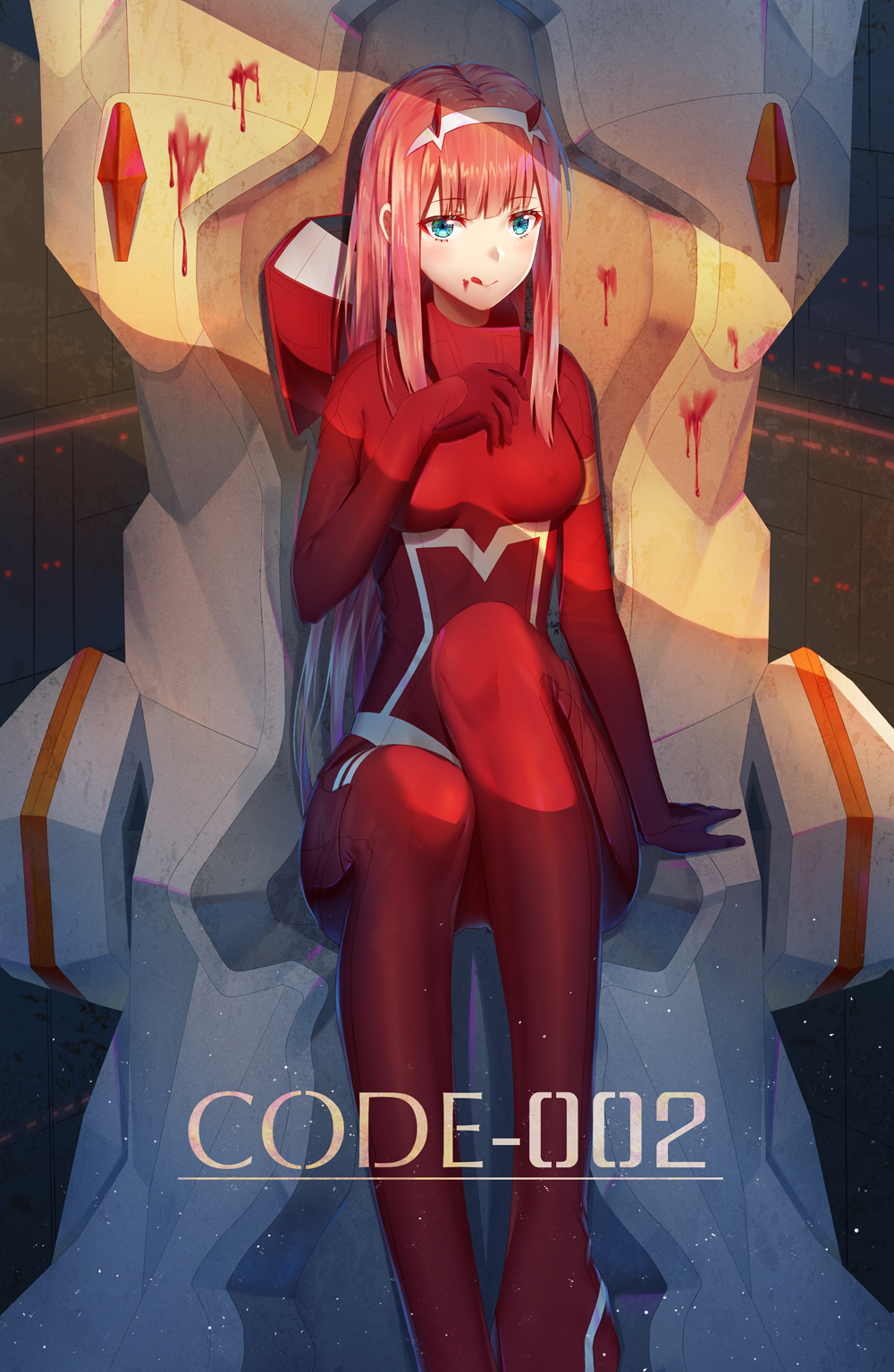 1girl :q aqua_eyes arm_support blood blood_on_face blood_splatter bodysuit breasts character_name darling_in_the_franxx hairband highres horns ji_dao_ji long_hair medium_breasts pilot_suit pink_hair red_bodysuit smile solo tongue tongue_out very_long_hair white_hairband zero_two_(darling_in_the_franxx)