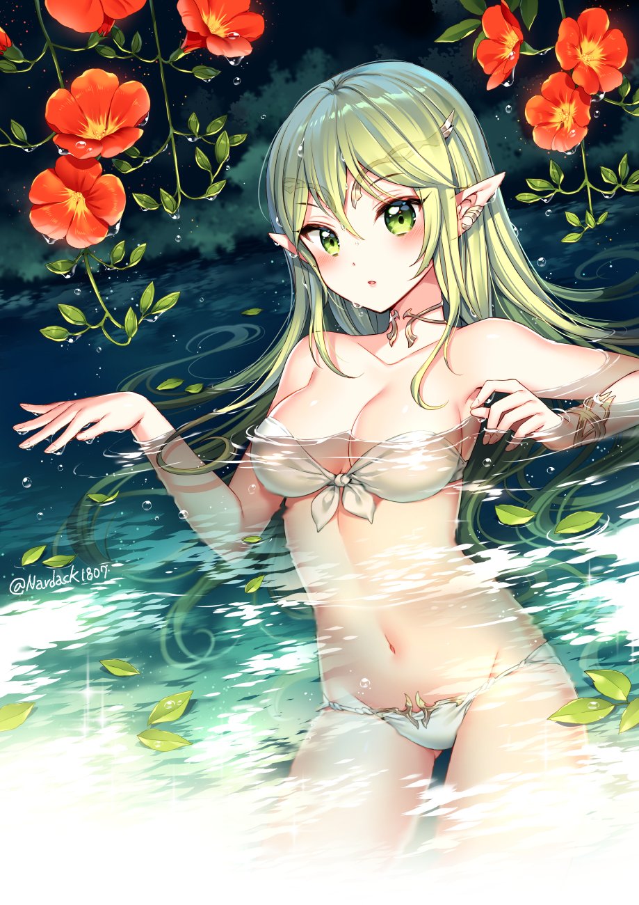 1girl artist_name bangs bare_shoulders bikini blush breasts collarbone commentary_request earrings fingernails flower green_eyes green_hair highres jewelry leaf long_hair looking_at_viewer medium_breasts nardack navel original parted_lips partially_submerged pointy_ears shiny shiny_hair shiny_skin signature solo strapless swimsuit water water_drop white_bikini