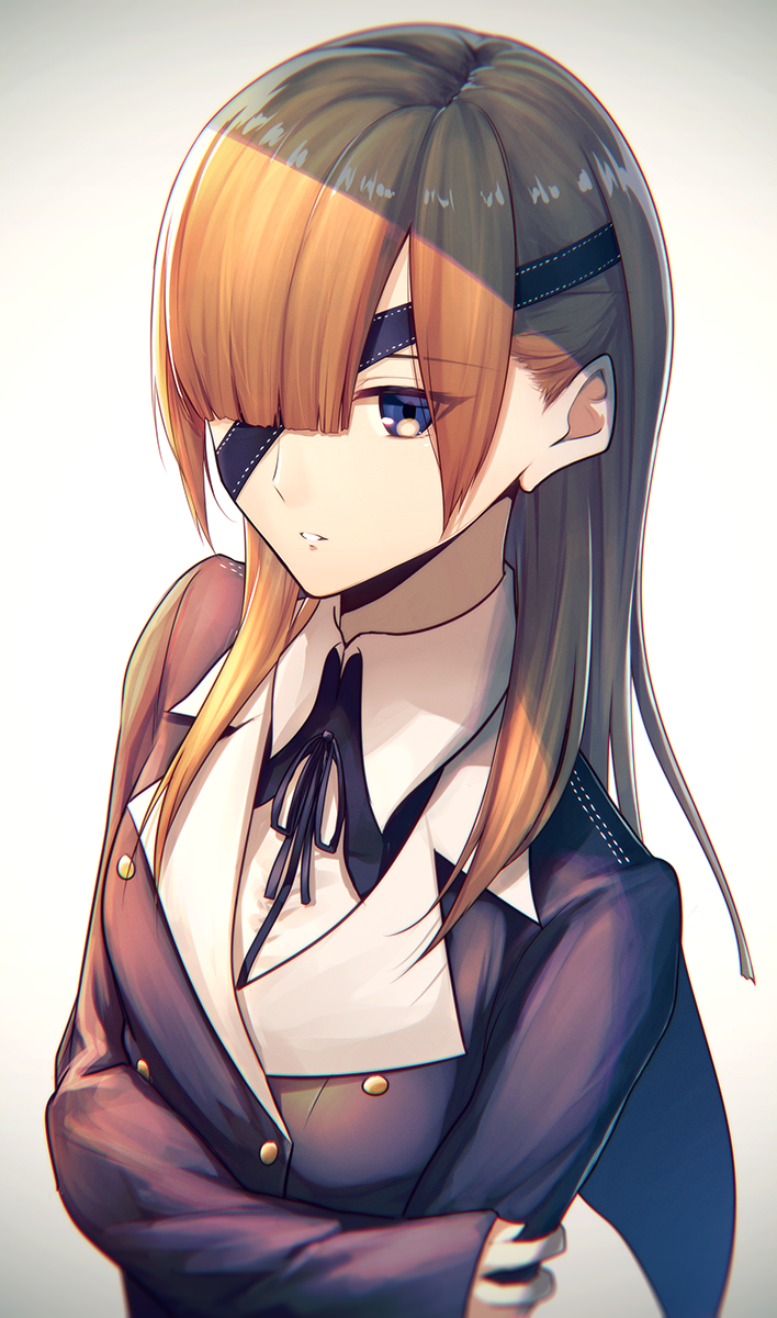 1girl black_coat blue_eyes brown_hair coat eyepatch fal fate/grand_order fate_(series) highres holding_elbow long_hair long_sleeves looking_at_viewer one_eye_covered open_mouth ophelia_phamrsolone simple_background