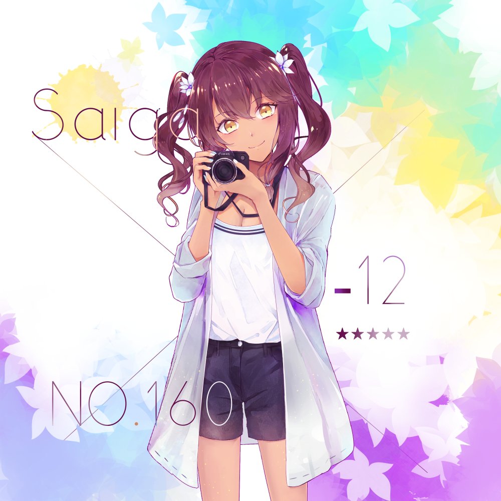 1girl alternate_costume bangs blue_coat blue_nails blue_shorts blush breasts camera canon_(company) character_name chinese_commentary cleavage closed_mouth coat commentary_request cowboy_shot dark_skin eyebrows_visible_through_hair flower girls_frontline hair_between_eyes hair_flower hair_ornament hair_tie head_tilt holding holding_camera large_breasts long_hair looking_at_viewer nail_polish open_clothes open_coat purple_hair saiga-12_(girls_frontline) shirt shorts sidelocks solo thighs white_nails white_shirt yellow_eyes yuizayomiya