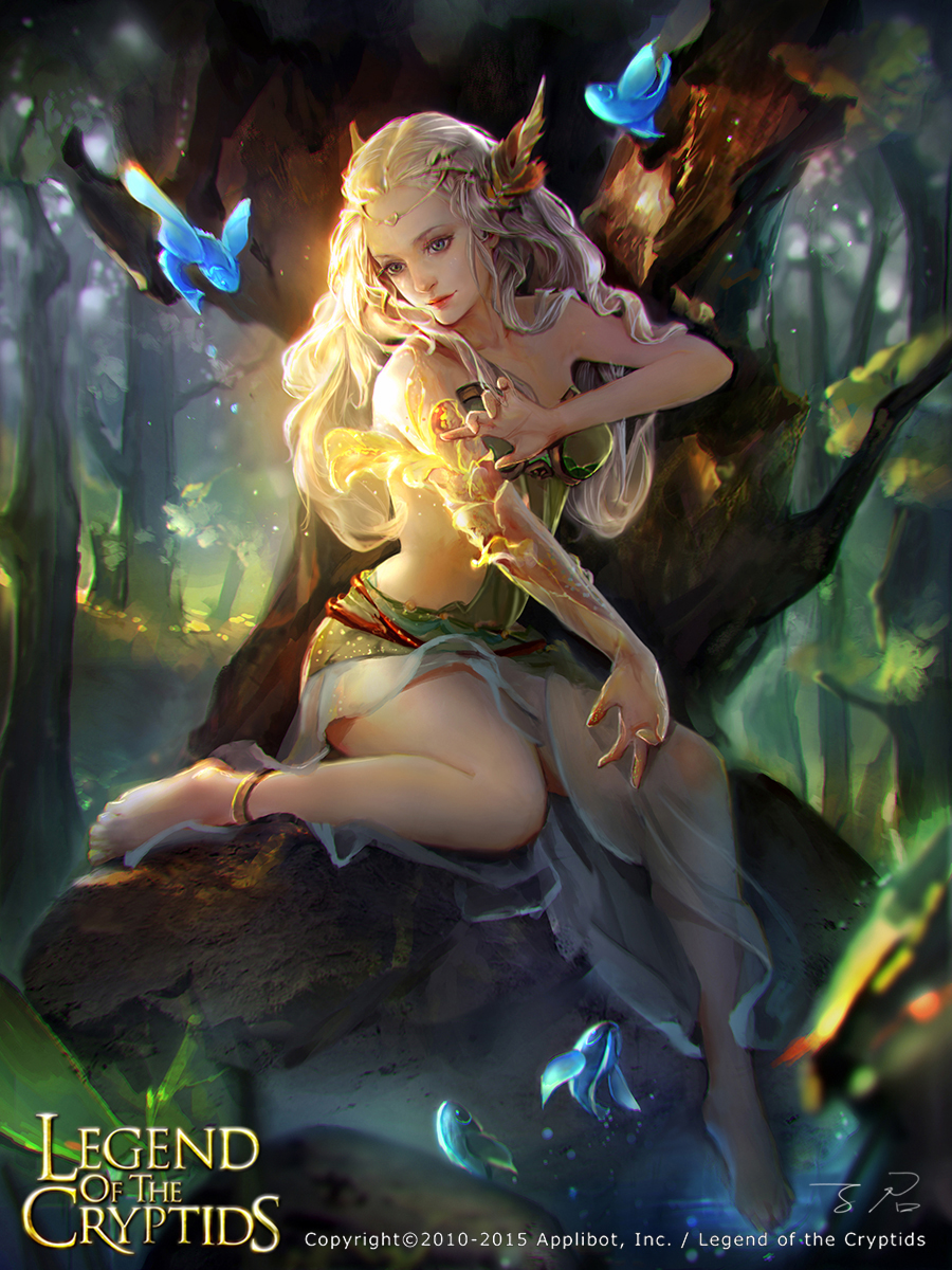 1girl artist_name bare_shoulders barefoot blue_eyes circlet copyright_name fish hair_ornament highres leaf legend_of_the_cryptids long_hair official_art rock sitting solo tree water white_hair zinnadu