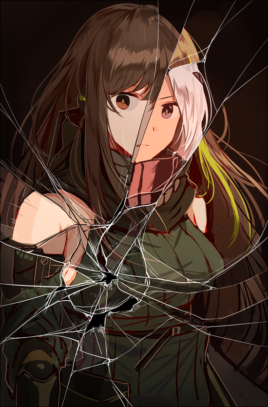 2girls arm_guards armband armpit_crease bandanna bangs breasts broken_glass brown_eyes brown_hair character_request clothes_around_waist detached_sleeves digi-mind_update_(girls_frontline) eyebrows_visible_through_hair girls_frontline glass hair_between_eyes headphones jacket jacket_around_waist long_hair looking_at_viewer m4a1_(girls_frontline) multicolored_hair multiple_girls ribbed_sweater scarf shattered sidelocks silence_girl strap streaked_hair sweater sweater_vest violet_eyes white_hair