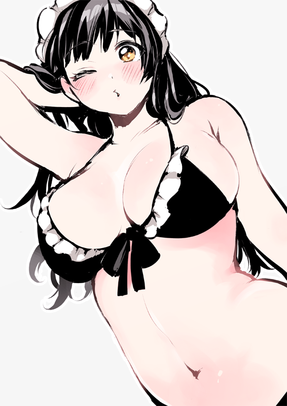 1girl adjusting_hair arm_up bangs bare_shoulders bikini black_bikini black_hair breasts cleavage eyebrows_visible_through_hair frilled_bikini frills front-tie_bikini front-tie_top large_breasts long_hair looking_at_viewer maid_headdress midriff navel one_eye_closed open_mouth orange_eyes original simple_background solo swimsuit uekan white_background