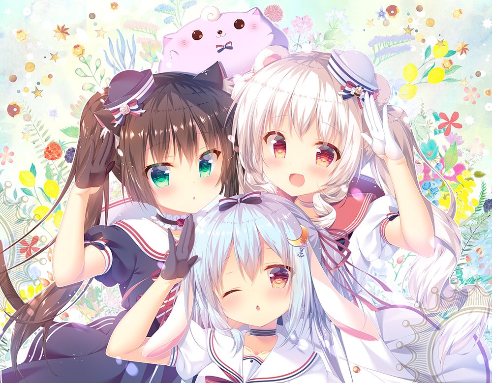 3girls :3 :d ;o animal_ears bangs bear_ears black_dress black_gloves black_hair blue_hair blush bow cat_ears character_request choker commentary_request copyright_request creature crescent crescent_hair_ornament dress eyebrows_visible_through_hair floral_background gloves green_eyes hair_bow hair_ornament hair_ribbon hat hat_bow light_blue_hair long_hair looking_at_viewer mitsumomo_mamu multiple_girls one_eye_closed open_mouth red_eyes red_sailor_collar ribbon sailor_collar sailor_dress salute short_sleeves sidelocks smile striped striped_bow striped_choker twintails white_hair white_sailor_collar