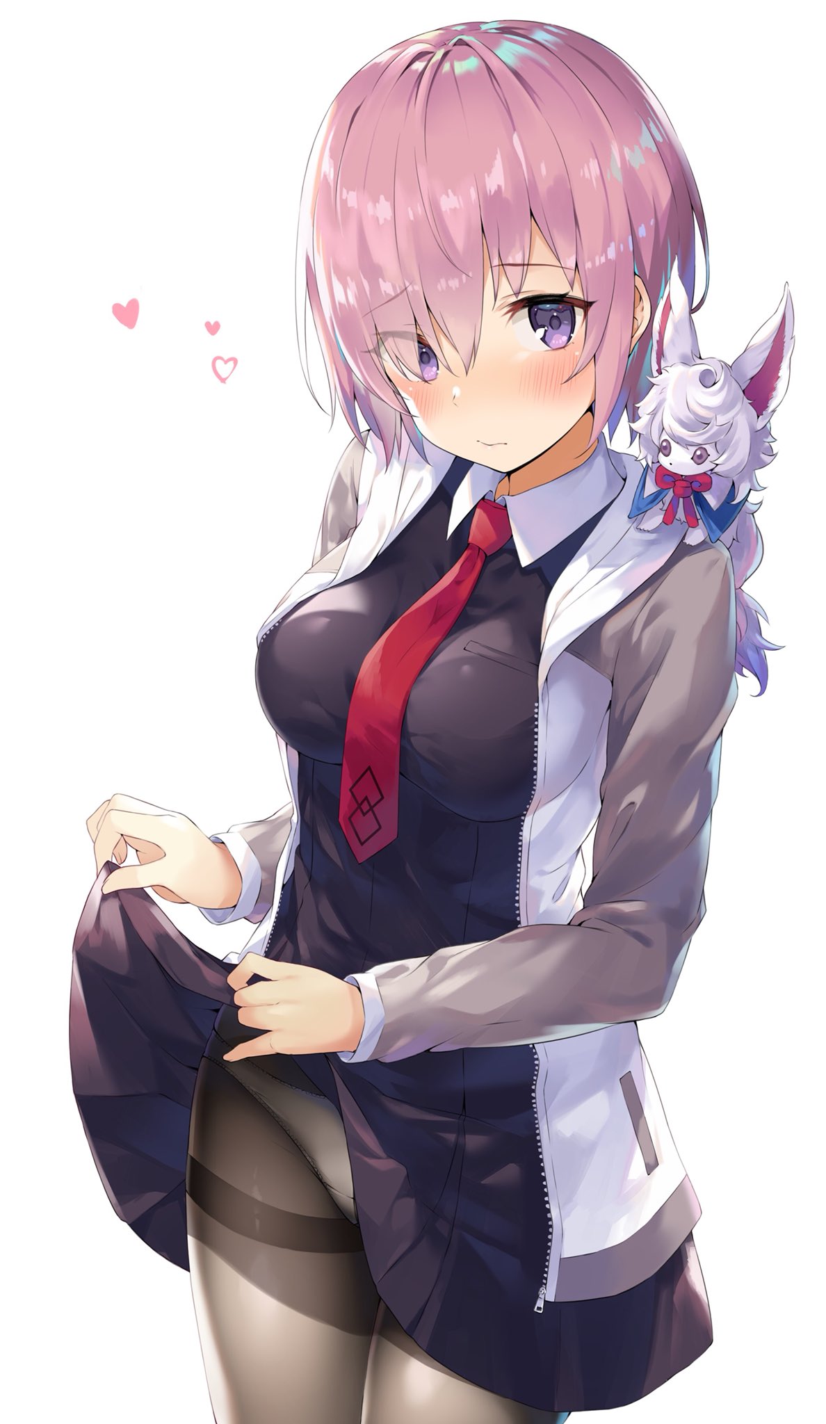 1girl ale_nqki black_legwear blush breasts closed_mouth collared_shirt eyebrows_visible_through_hair fate/grand_order fate_(series) fou_(fate/grand_order) heart highres jacket large_breasts looking_at_viewer mash_kyrielight necktie panties panties_under_pantyhose pantyhose pink_hair red_neckwear shirt underwear violet_eyes