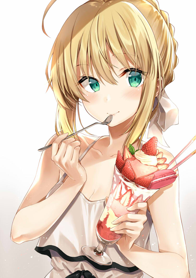 1girl ahoge artoria_pendragon_(all) bare_shoulders blonde_hair blush breasts cleavage closed_mouth collarbone commentary_request cream eating eyebrows_visible_through_hair fate/stay_night fate_(series) food fruit gradient gradient_background green_eyes hair_ribbon kakao_rantan looking_at_viewer looking_away ribbon saber short_hair solo spoon strawberry white_background white_ribbon