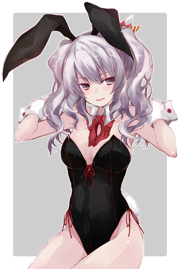 1girl animal_ears black_leotard blue_eyes bow bowtie breasts bunny_tail bunnysuit cowboy_shot detached_collar grey_background hair_ornament kantai_collection kashima_(kantai_collection) leotard looking_at_viewer medium_breasts rabbit_ears red_neckwear sidelocks silver_hair solo strapless strapless_leotard tail tsurime twintails two-tone_background wavy_hair white_hair wrist_cuffs yumesato_makura