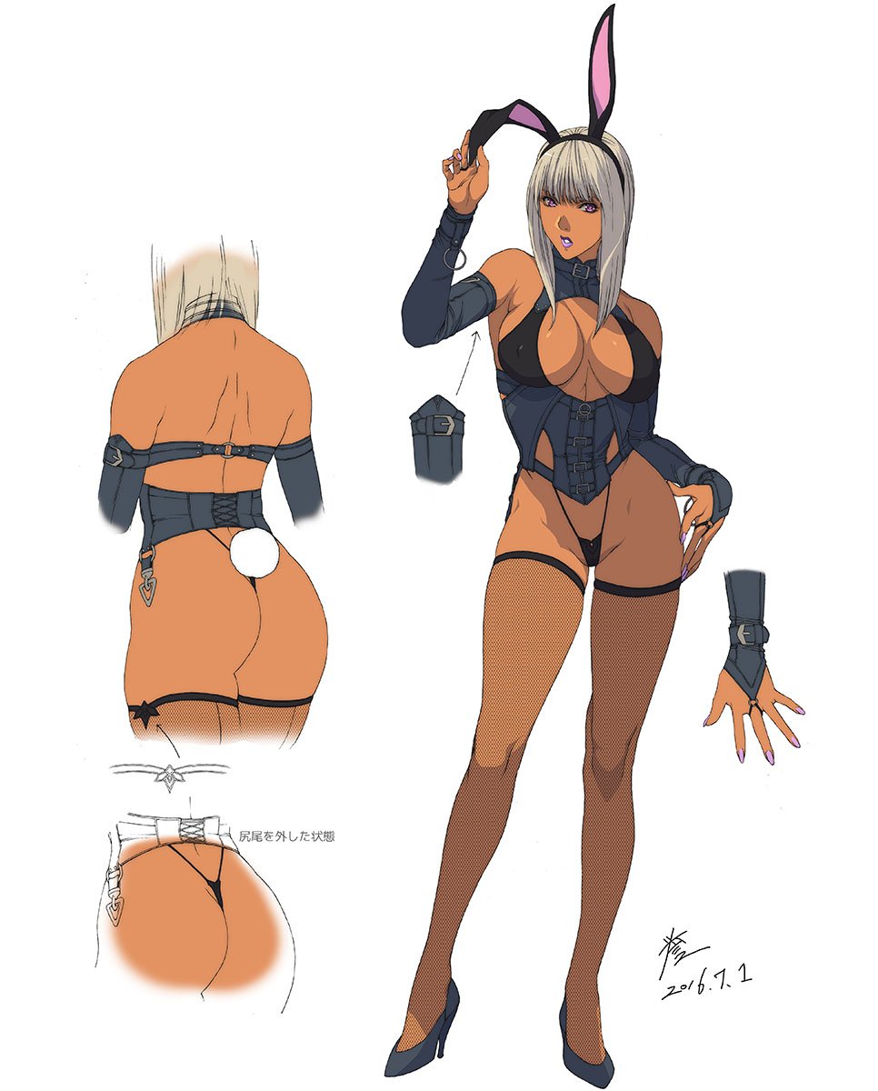 1girl animal_ears artist_name ass bangs bare_shoulders black_legwear breasts bridal_gauntlets bunny_tail commentary_request concept_art covered_nipples dark_skin dated fake_animal_ears fingernails fishnet_legwear fishnets full_body high_heels highleg highleg_panties highres homare_(fool's_art) large_breasts lips lipstick looking_at_viewer makeup medium_hair original panties parted_lips purple_lipstick rabbit_ears signature silver_hair simple_background solo tail thigh-highs thighs thong turtleneck underwear violet_eyes white_background