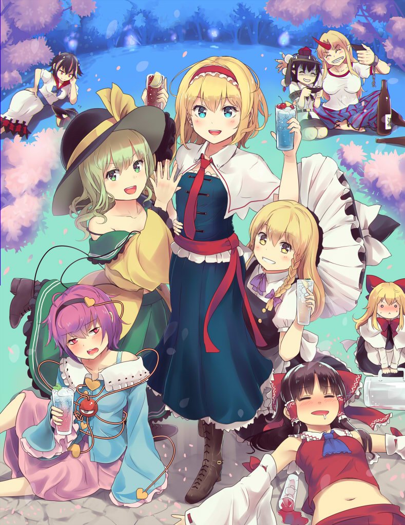 6+girls :d ^_^ alice_margatroid apron armband ascot bangs bare_shoulders black_dress black_hair black_hairband black_hat black_skirt blonde_hair blue_bow blue_dress blue_eyes blue_neckwear blue_sash blue_shirt blue_skirt blush boots bottle bow bowl bowl_hat bowtie bra_strap braid breasts brown_footwear capelet cherry cherry_blossoms closed_eyes closed_eyes collarbone commentary_request culter cup detached_sleeves dress drinking drinking_glass drooling drunk food forest frilled_shirt_collar frills fruit green_eyes green_hair green_skirt grin hair_bow hair_ornament hairband hakurei_reimu hand_on_hip hand_up hat hat_bow hat_ribbon head_tilt heart heart_hair_ornament holding holding_bowl holding_cup holding_drinking_glass horn horns hoshiguma_yuugi ice ice_cube indian_style kijin_seija kirisame_marisa komeiji_koishi large_breasts long_hair long_sleeves looking_at_another looking_at_viewer lying medium_breasts midriff minigirl miniskirt multicolored_hair multiple_girls nature navel neck_ribbon necktie nose_blush off_shoulder on_back on_side open_mouth outdoors own_hands_together petals petticoat pink_eyes pink_hair pink_skirt pointy_ears pom_pom_(clothes) puffy_short_sleeves puffy_sleeves purple_bow purple_neckwear purple_ribbon red_bow red_eyes red_hairband red_neckwear red_sailor_collar red_sash red_skirt redhead ribbon sailor_collar sakazuki saliva sash seiza shameimaru_aya shanghai_doll shirt short_hair short_sleeves sidelocks single_braid sitting skirt sleeves_past_fingers sleeves_past_wrists small_breasts smile standing standing_on_one_leg stomach streaked_hair striped sukuna_shinmyoumaru sweat tokin_hat touhou upper_body v-shaped_eyebrows vertical-striped_skirt vertical_stripes waist_apron white_apron white_bow white_capelet white_dress white_hair white_shirt wide_sleeves wing_collar witch_hat yellow_ribbon yellow_shirt