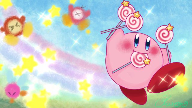 blush bronto_burt candy closed_eyes crayon_(medium) food food_in_mouth holding holding_food hoshi_no_kirby invincible_candy kirby kirby_(series) kurono969 no_humans signature smile sparkle star waddle_dee waddle_doo