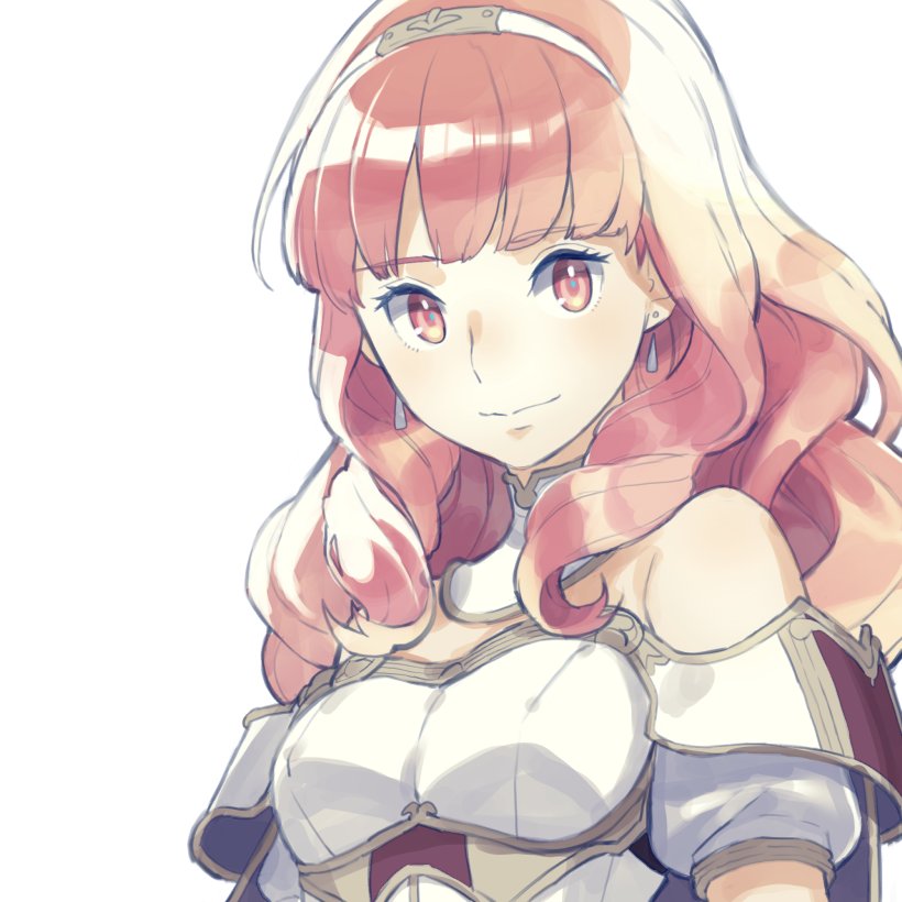 1girl aisutabetao armor bare_shoulders breastplate celica_(fire_emblem) closed_mouth earrings fire_emblem fire_emblem_echoes:_mou_hitori_no_eiyuuou hair_ornament hairband jewelry long_hair red_eyes redhead simple_background solo white_background