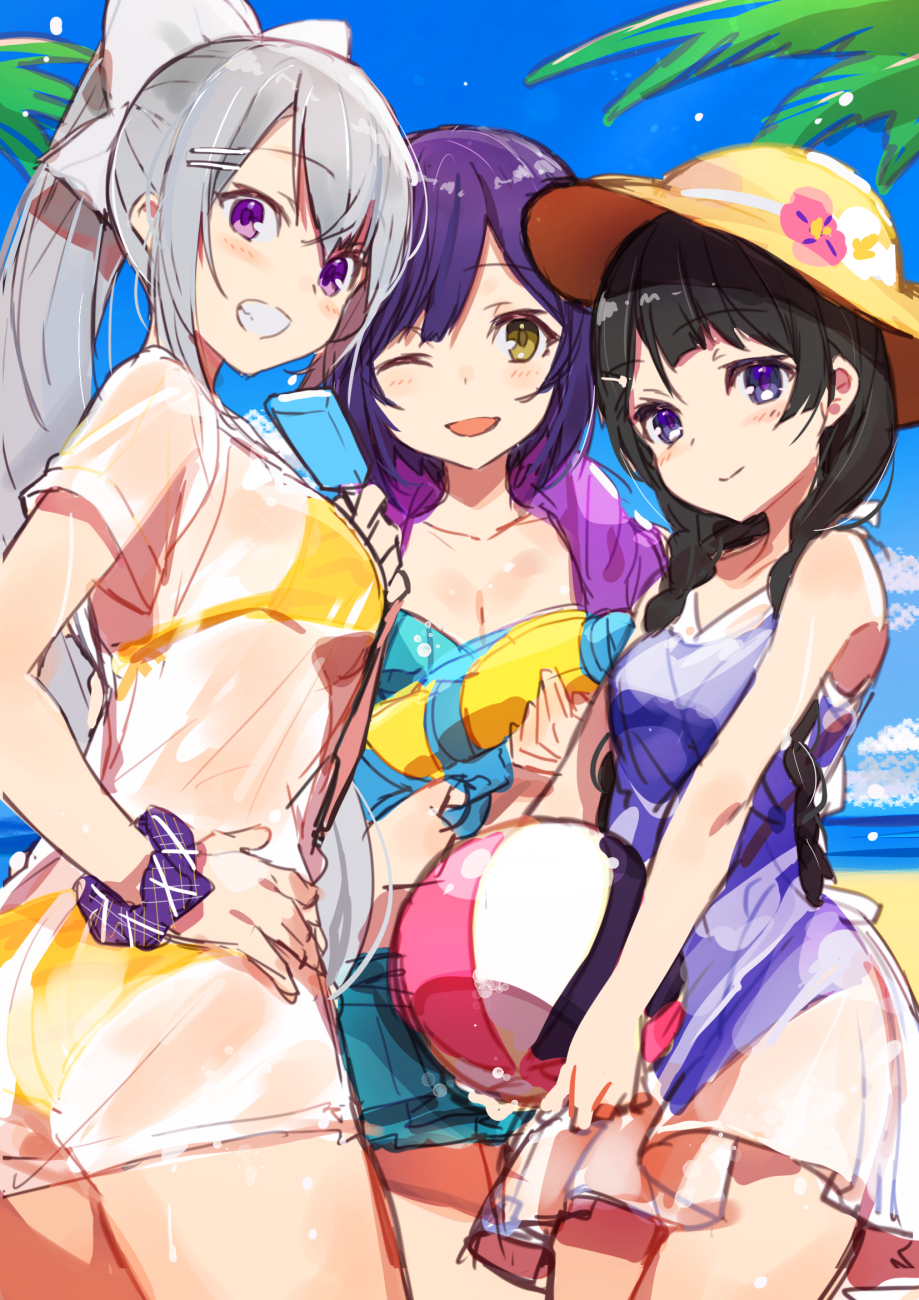 3girls ball beach beachball bikini black_hair blue_eyes braid food grin hand_on_hip hat highres higuchi_kaede looking_at_viewer mika_pikazo multiple_girls nijisanji one_eye_closed ponytail popsicle purple_hair scrunchie see-through shizuka_rin short_hair silver_hair sketch smile swimsuit swimsuit_under_clothes tsukino_mito twin_braids violet_eyes water_gun wrist_scrunchie yellow_eyes