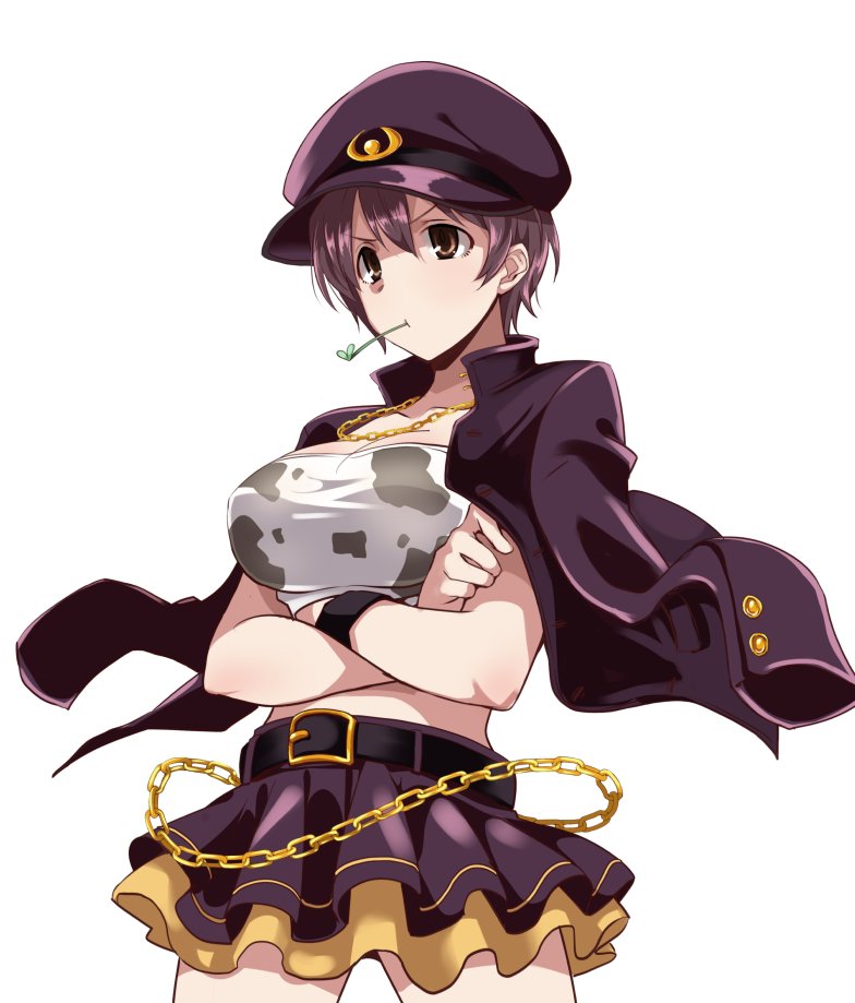 1girl animal_print banchou belt breasts brown_eyes brown_hair chain chains cow_print cowboy_shot crossed_arms frilled_skirt frills gold_chain hair_between_eyes hat idolmaster idolmaster_cinderella_girls jacket jewelry large_breasts midriff miniskirt necklace oikawa_shizuku open_clothes open_jacket school_uniform short_hair simple_background skirt solo stalk_in_mouth standing strapless tubetop white_background wristband youhei_(testament)