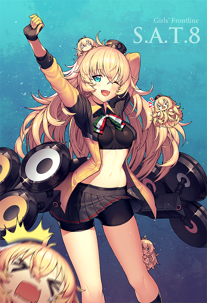 &gt;_&lt; 1girl :3 :d aqua_eyes arm_behind_head arm_up bangs bike_shorts blonde_hair bow clinging fang gloves impossible_clothes italian_flag italian_flag_neckwear liem_(zero854) long_hair midriff one_eye_closed open_clothes open_mouth open_shirt pleated_skirt s.a.t.8_(girls_frontline) shorts shorts_under_skirt skirt smile surprised two-tone_gloves wind wind_lift xd