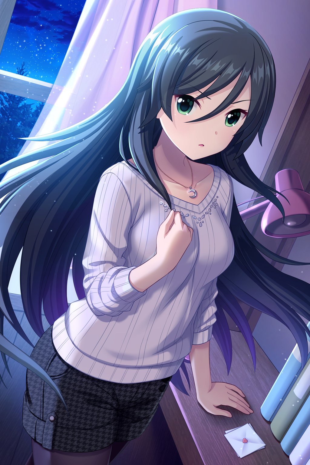 1girl alternative_girls arm_support black_legwear black_shorts book_stack breasts curtains desk desk_lamp envelope green_eyes highres indoors jewelry lamp letter long_hair long_sleeves looking_at_viewer love_letter medium_breasts moonlight necklace night night_sky official_art pantyhose parted_lips ribbed_sweater shorts sky sweater tendou_machi white_sweater window