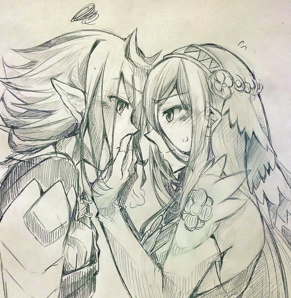 1boy 1girl aqua_(fire_emblem_if) finger_to_mouth fire_emblem fire_emblem_if graphite_(medium) headdress long_hair male_my_unit_(fire_emblem_if) my_unit_(fire_emblem_if) pointy_ears shiratsu_(white-seaside) smile traditional_media