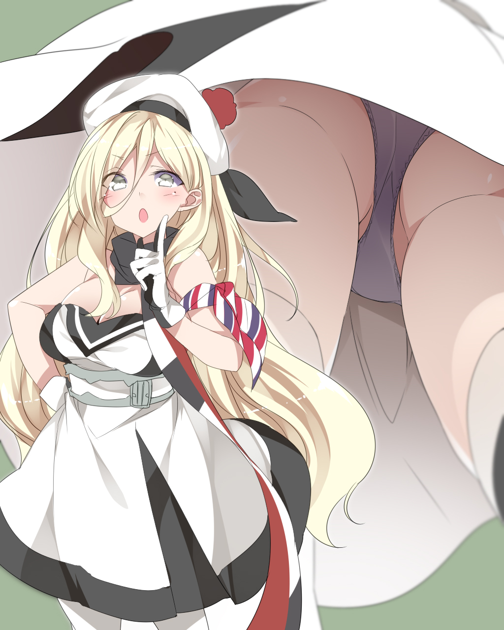 1girl :o armband bare_shoulders beret blonde_hair breasts commentary_request gloves green_background grey_panties hat highres kantai_collection large_breasts long_hair mole mole_under_eye mtu_(orewamuzituda) multicolored multicolored_clothes multicolored_gloves multiple_views open_mouth panties pom_pom_(clothes) richelieu_(kantai_collection) simple_background thigh-highs underwear v-shaped_eyebrows white_hat white_legwear yellow_eyes