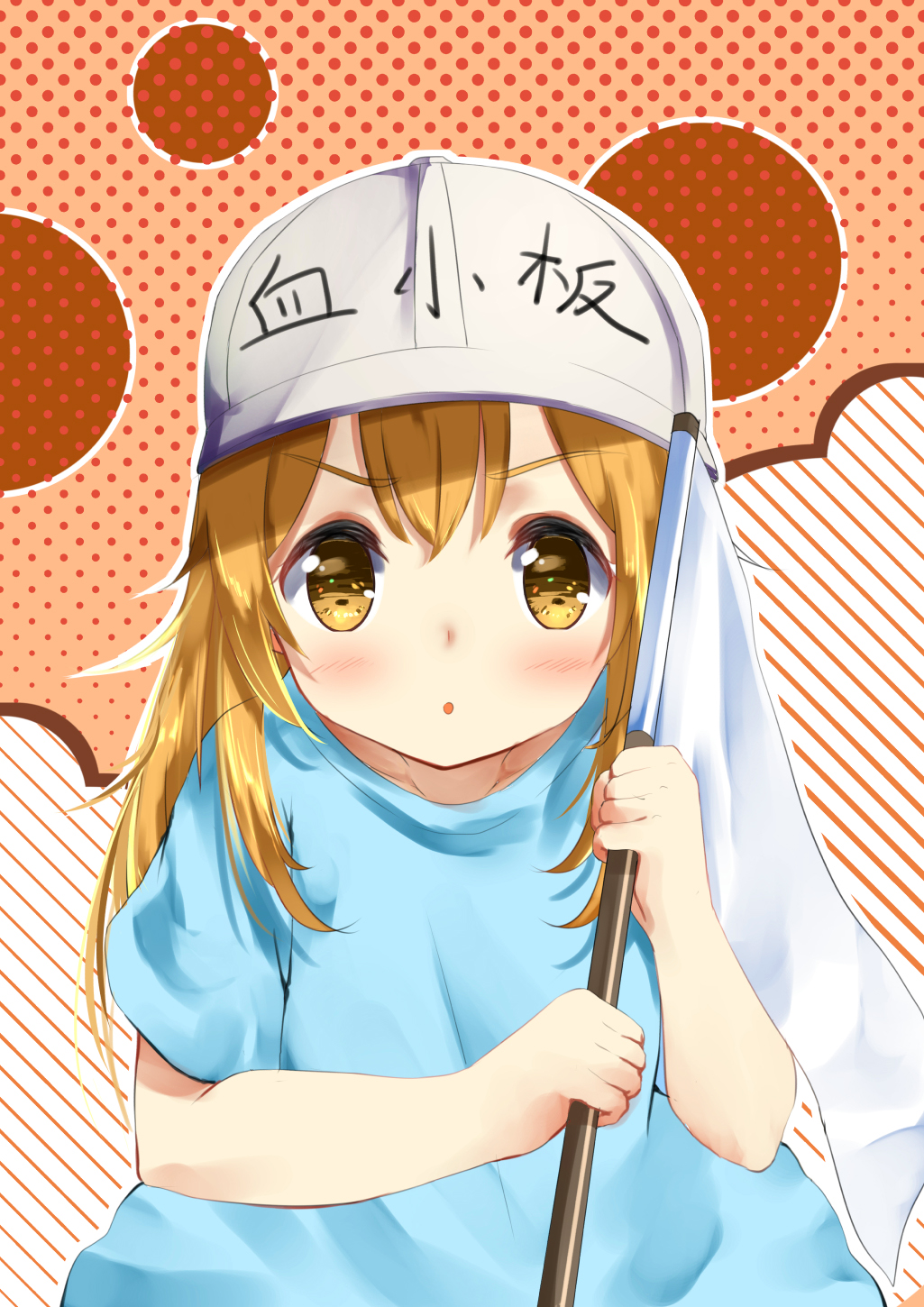 1girl :o bangs blue_shirt blush brown_eyes chahei character_name commentary_request diagonal-striped_background diagonal_stripes eyebrows_visible_through_hair flag flat_cap grey_hat hair_between_eyes hands_up hat hataraku_saibou highres holding holding_flag light_brown_hair looking_at_viewer parted_lips platelet_(hataraku_saibou) polka_dot polka_dot_background shirt short_sleeves solo striped striped_background v-shaped_eyebrows white_flag