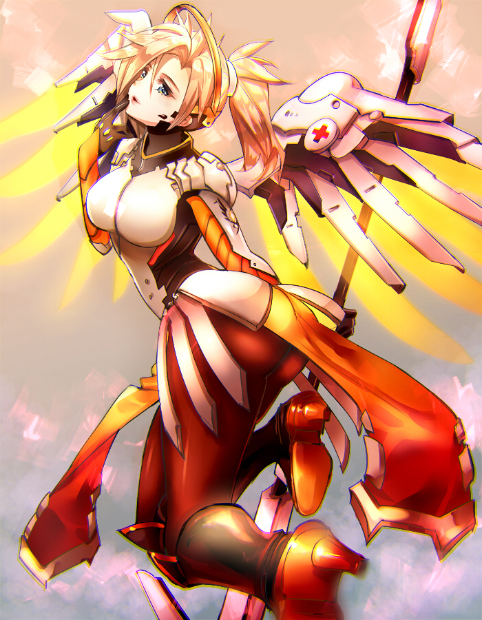 1girl ass blonde_hair blue_eyes boots breasts commentary_request faulds finger_to_mouth flying full_body high_heel_boots high_heels holding holding_staff lips long_hair mechanical_halo mechanical_wings medium_breasts mercy_(overwatch) nagare overwatch pantyhose pelvic_curtain ponytail power_suit red_cross solo spread_wings staff wings yellow_wings