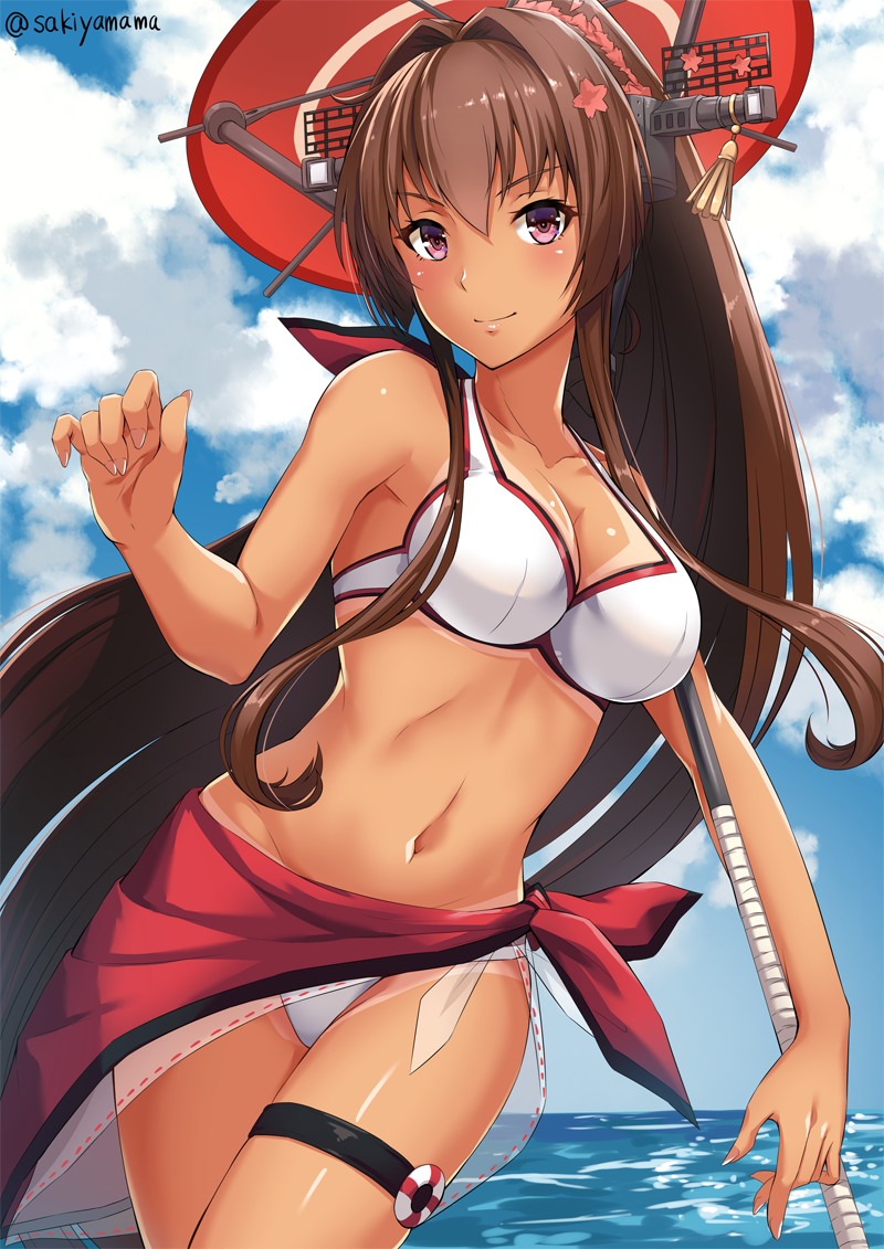 1girl adapted_costume artist_name bare_arms bare_shoulders bikini bikini_tan blue_sky breasts brown_hair cherry_blossoms cleavage closed_mouth clouds collar collarbone day flower hair_between_eyes hair_flower hair_intakes hair_ornament headgear holding holding_umbrella horizon kantai_collection kikumon large_breasts long_hair looking_at_viewer navel ocean open_mouth oriental_umbrella outdoors parasol red_umbrella sakiyamama sarong shiny shiny_skin sky smile solo summer swimsuit tan tanline thigh_strap umbrella very_long_hair water white_bikini yamato_(kantai_collection)