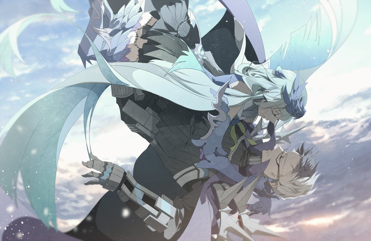 1boy 1girl armor bare_shoulders black_hair brynhildr_(fate) cape closed_eyes closed_mouth eyebrows_visible_through_hair fate/grand_order fate/prototype fate/prototype:_fragments_of_blue_and_silver fate_(series) floating gauntlets glasses gloves grey_hair hair_ornament headpiece long_hair loyalists multicolored_hair outdoors parted_lips sigurd_(fate/grand_order) silver_hair sky two-tone_hair very_long_hair white_hair