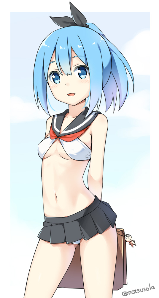 1girl :d bag bag_charm bangs bare_arms bare_shoulders bikini black_ribbon black_sailor_collar black_skirt blue_eyes blue_hair blue_sky blush breasts charm_(object) chinese_commentary clouds commentary_request day eyebrows_visible_through_hair hair_between_eyes hair_ribbon hatsunatsu head_tilt holding holding_bag looking_at_viewer medium_breasts miniskirt navel open_mouth original pleated_skirt ribbon sailor_bikini sailor_collar school_briefcase skirt sky smile solo swimsuit twitter_username white_bikini