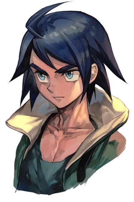 1boy ahoge black_hair blue_eyes gundam gundam_tekketsu_no_orphans hankuri jacket male_focus mikazuki_augus serious tank_top thick_eyebrows white_background