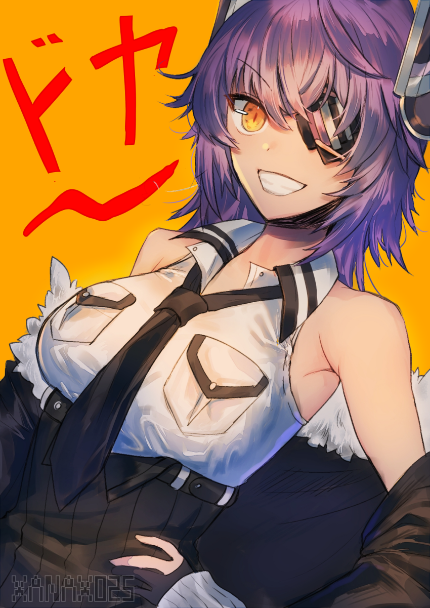 1girl armpit_crease artist_name bangs black_gloves black_skirt breasts collared_shirt eyebrows_visible_through_hair eyepatch gloves hair_between_eyes hands_on_hips headgear high-waist_skirt highres kantai_collection large_breasts long_hair looking_at_viewer necktie off_shoulder parted_lips partly_fingerless_gloves purple_hair remodel_(kantai_collection) school_uniform shirt sidelocks skirt sleeveless sleeveless_shirt smile solo tenryuu_(kantai_collection) white_shirt xanax025 yellow_eyes