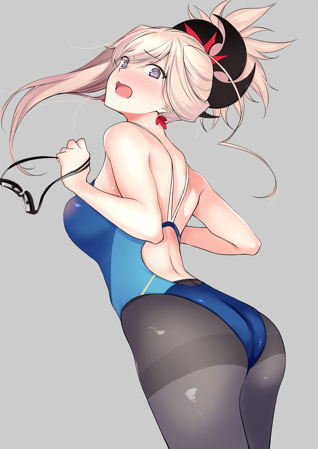 1girl ass asymmetrical_hair back bangs bare_shoulders blue_eyes blue_swimsuit blush breasts earrings fate/grand_order fate_(series) goggles grey_background hair_ornament highres hips jewelry large_breasts long_hair looking_back miyamoto_musashi_(fate/grand_order) one-piece_swimsuit open_mouth pantyhose pink_hair ponytail simple_background solo swept_bangs swimsuit waist yoshiki360