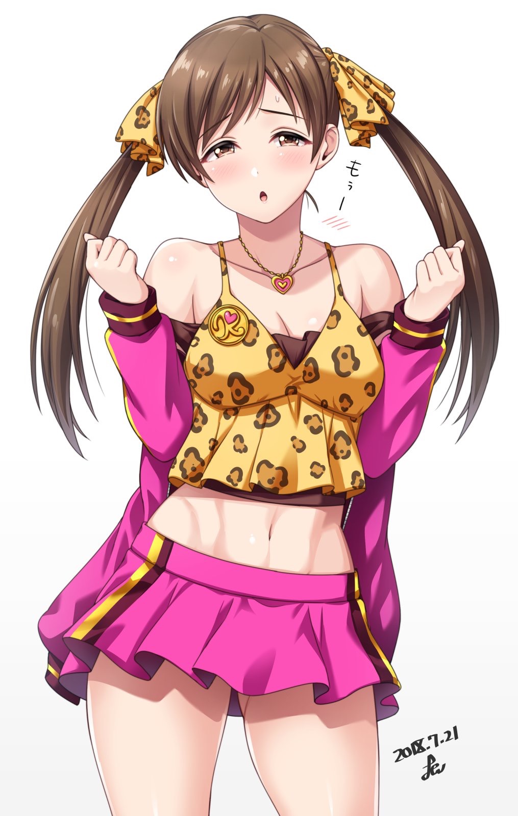 1girl :o animal_print bangs bare_shoulders blush breasts brown_eyes brown_hair camisole cleavage collarbone commentary_request contrapposto cosplay cowboy_shot dated embarrassed eyebrows_visible_through_hair groin hair_ribbon half-closed_eyes hands_up head_tilt heart heart_necklace highres idolmaster idolmaster_cinderella_girls jacket jewelry leopard_print long_hair long_sleeves looking_at_viewer matoba_risa matoba_risa_(cosplay) medium_breasts midriff miniskirt navel necklace nitta_minami off_shoulder open_clothes open_jacket parted_bangs pink_jacket pink_skirt print_camisole ribbon shiny shiny_hair shiny_skin signature simple_background skirt solo spaghetti_strap standing stomach tareme twintails white_background yellow_ribbon yoohi