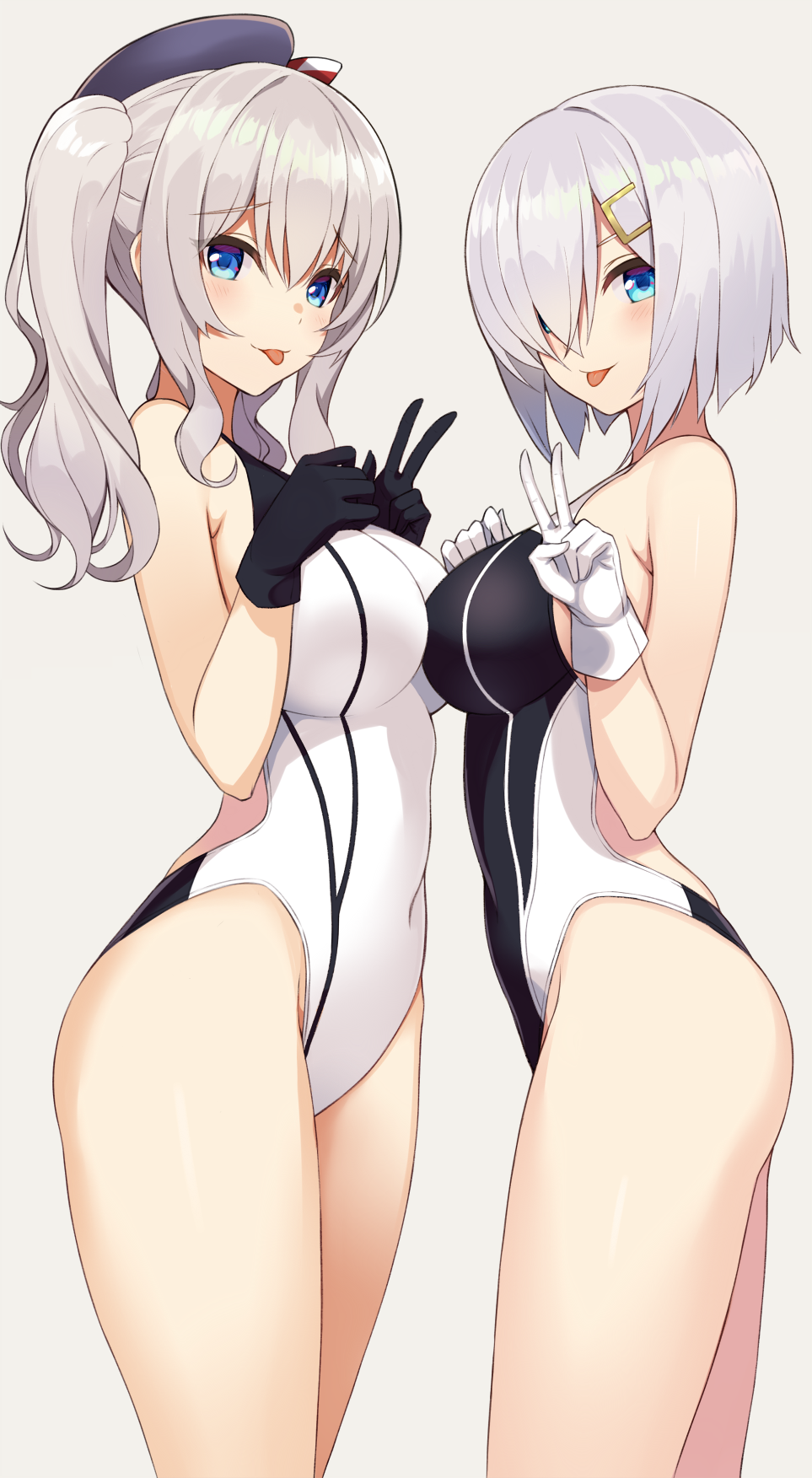2girls bangs beret black_gloves black_swimsuit blue_eyes blush breasts competition_swimsuit covered_navel cowboy_shot gloves grey_eyes hair_between_eyes hair_ornament hair_over_one_eye hairclip hamakaze_(kantai_collection) hand_gesture hands_on_own_chest hat highleg highleg_swimsuit highres hips kantai_collection kashima_(kantai_collection) large_breasts long_hair looking_at_viewer multiple_girls one-piece_swimsuit short_hair sidelocks silver_hair simple_background smile sukebewe swimsuit symmetry thighs tongue tongue_out transparent_background tsurime twintails two-tone_swimsuit v wavy_hair white_gloves white_swimsuit