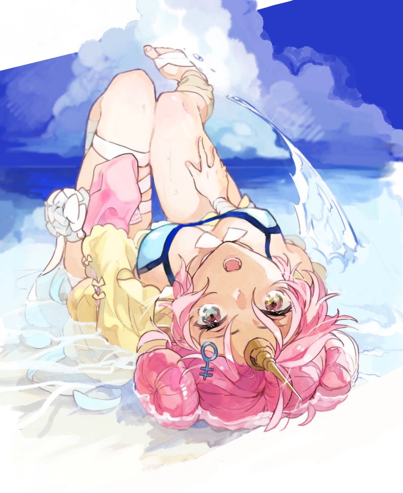 1girl artist_request bandage bandaged_arm bandaged_leg bandages bikini blue_bikini blue_eyes brown_eyes fate/apocrypha fate/grand_order fate_(series) frankenstein's_monster_(fate) frankenstein's_monster_(swimsuit_saber)_(fate) hair_over_eyes heterochromia horn pink_hair short_hair solo swimsuit