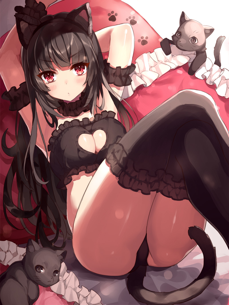 &gt;:&lt; 1girl animal_ears arm_garter armpits arms_behind_back black_hair black_legwear blush breasts cat cat_tail cleavage_cutout fake_animal_ears fake_tail frills heart_cutout lingerie long_hair looking_at_viewer lying medium_breasts on_back original red_eyes solo tail thigh-highs underwear user_fvsd2278