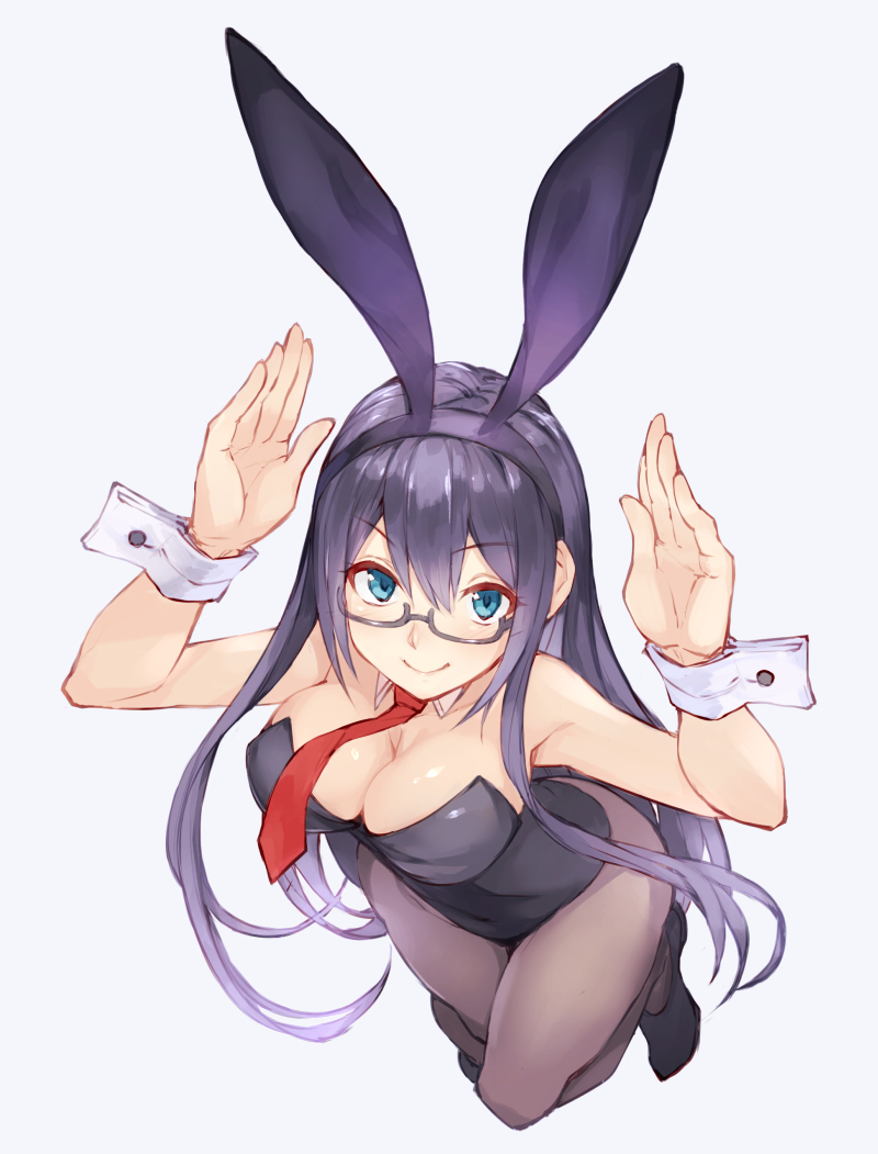 1girl alternate_breast_size alternate_costume animal_ears arms_up black_hair black_leotard blue_eyes breasts bunny_pose bunnysuit cleavage detached_collar from_above fumikiri glasses grey_legwear kantai_collection large_breasts leotard long_hair looking_at_viewer necktie ooyodo_(kantai_collection) pantyhose rabbit_ears red_neckwear simple_background smile solo strapless strapless_leotard w_arms white_background wrist_cuffs