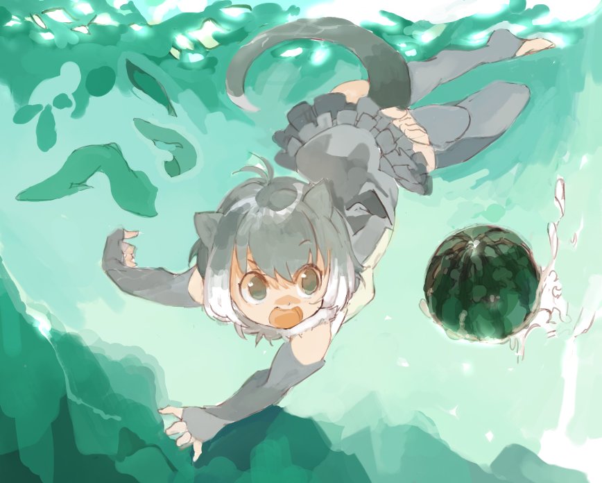 1girl animal_ears bare_shoulders commentary_request elbow_gloves eyebrows_visible_through_hair fingerless_gloves frilled_swimsuit frills fur_collar gloves grey_hair in_water kemono_friends konabetate multicolored_hair one-piece_swimsuit open_mouth otter_ears otter_tail short_hair small-clawed_otter_(kemono_friends) solo swimming swimsuit tail thigh-highs toeless_legwear water white_hair